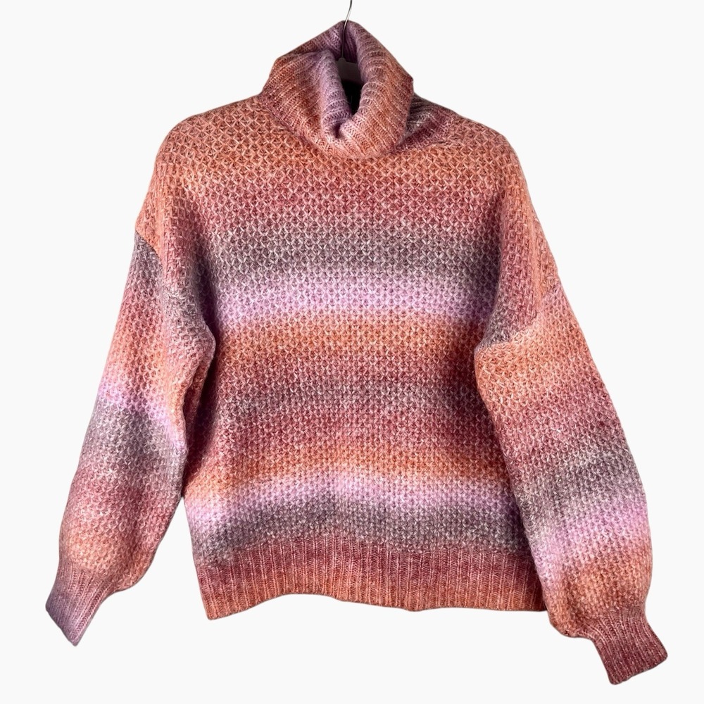 Fate Turtleneck Sweater Small Oversized Pink Fade Stripes Ombre Puff Sleeves